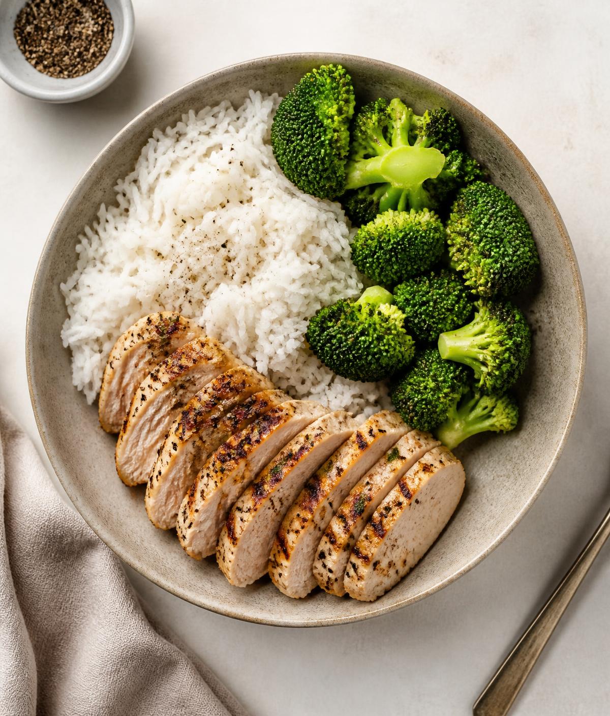 Grilled chicken breast with jasmine rice and broccoli in a ceramic bowl